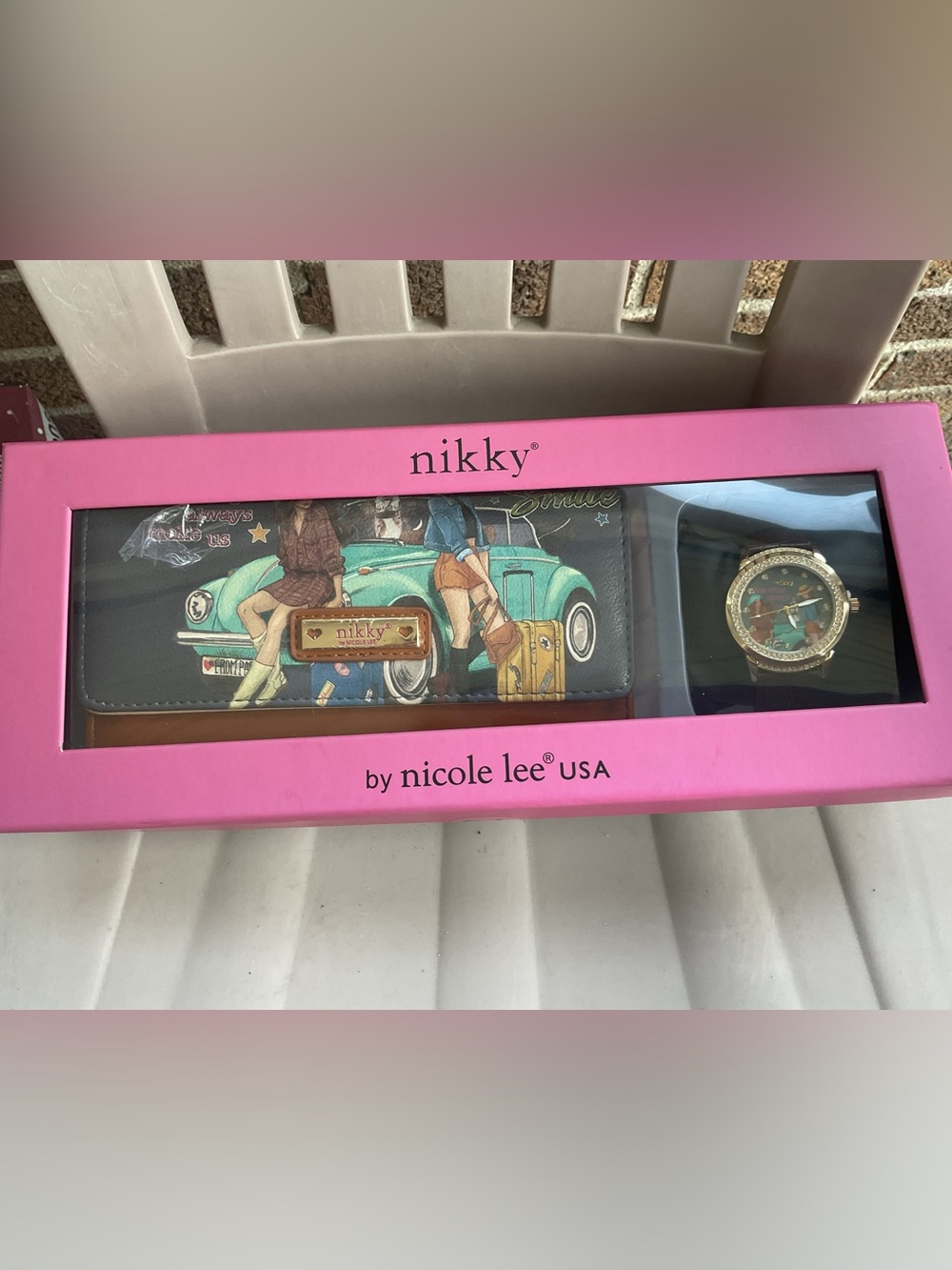 Nicole Lee Pink & Teal Wallet and Gold-Tone Watch Set